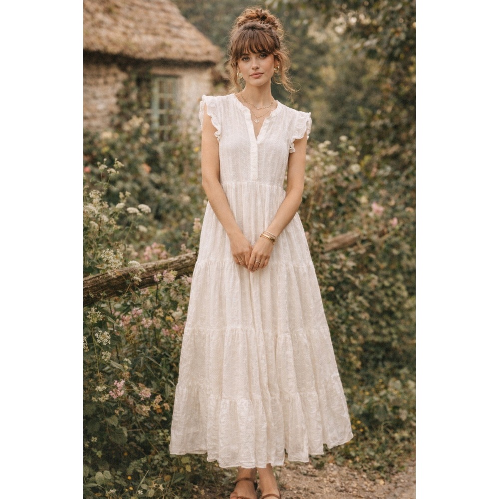 Olivaceous White Embroidered Tiered Midi Dress Cottagecore Prairie Boho Size M